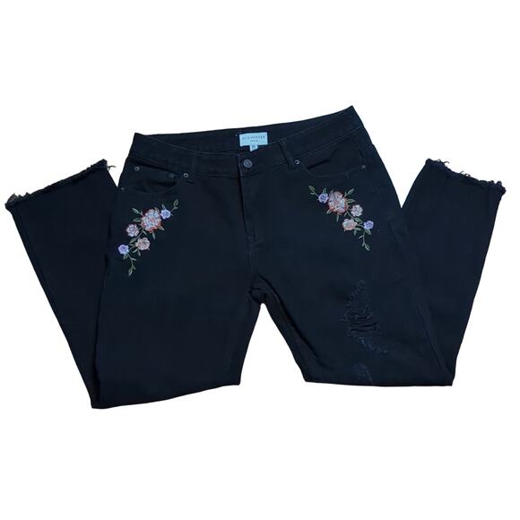 Blu Pepper Denim Straight Cropped, Embroidered Floral, Raw Hem Boho Jeans - Picture 1 of 5